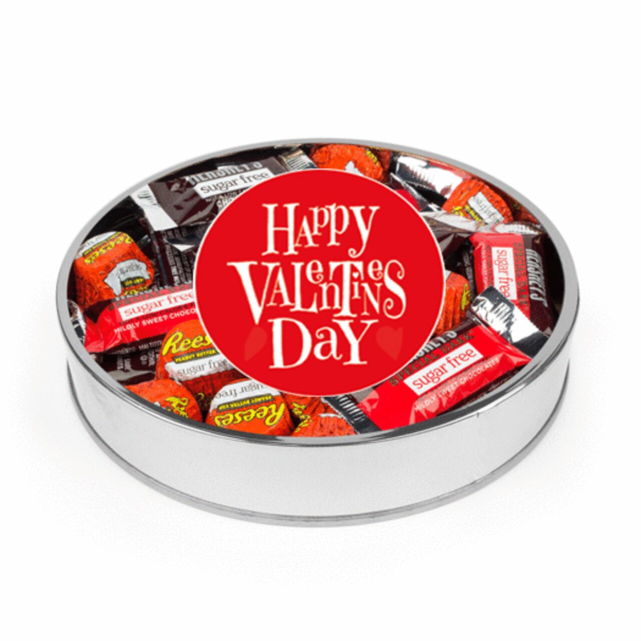 Valentine's Day Sugar Free Candy Gift Tin Large Plastic Tin with Red Sticker and Hershey's Chocolate & Reese's Mix